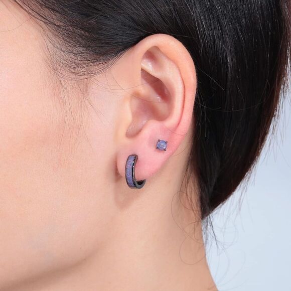 14K Black Gold with Genuine Black Fire Opal Huggie and Stud Earrings Set of 2 - Picture 5 of 5